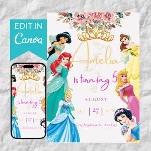 Princess Birthday Invitation: Editable Canva Template (Digital Download