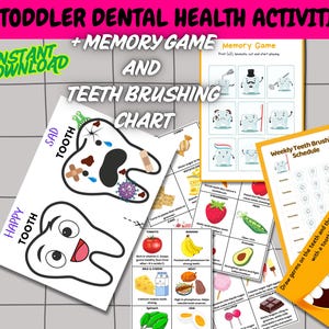 Actividad imprimible de salud dental para niños en edad preescolar, tabla de cepillado de dientes, actividades de cuidado dental, pósteres para el cuidado dental, guía de alimentación saludable (PDF)