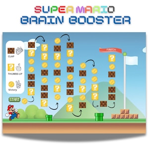 May include: A Super Mario-themed game board with the text "SUPER MARIO BRAIN BOOSTER". The board features a path with coins, question mark blocks, and brick blocks. Mario is shown at the start, with a finish line flag at the end.