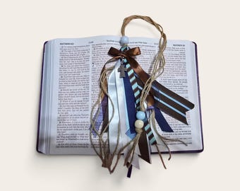 Handmade Bible Tassel • Blue & Brown Cross • Christian Gift • Rustic Boho Bookmark • Faith Decor • One of a Kind Religious Accessory