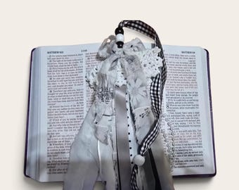 Handmade Black White Tassel • Faith Tassel • Christian Gift • Shabby Chic Bookmark • Farmhouse Decor • One of a Kind Religious Accessory