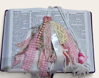 Handmade Boho Tassel • Pink & Beige Fabric Tassel • Shabby Chic Bible Bookmark • Christian Gift • Rustic Tassel • One‑of‑a‑Kind Faith Decor