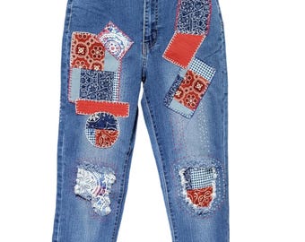 Upcycled Bandana Jeans • Red White Blue Patched Denim • Boho Americana Style • Handmade Vintage Jeans • Size 7 Embroidered Patchwork Pants