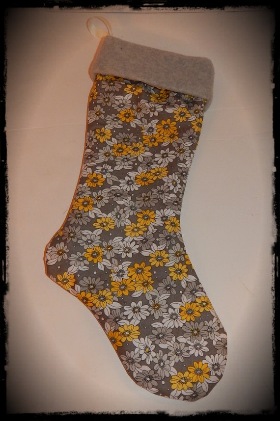 Yellow and Gray Floral Cotton and Fleece Christmas Stocking