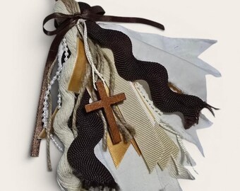 Handmade Bible Tassel • Rustic Cross Tassel • Christian Gift • Neutral Boho Bookmark • Faith Decor • One‑of‑a‑Kind Religious Accessory