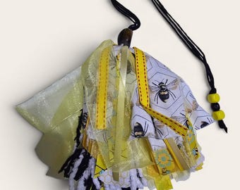 Handmade Bee Tassel • Yellow & Black Honeycomb Ribbon • Farmhouse Decor • Bee Lover • Boho Nature Accessory • One of a Kind