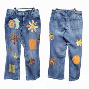 Upcycled, Hippie, Floral Patched and Embellished Denim Jeans