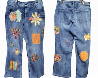 Upcycled, Hippie, Floral Patched and Embellished Denim Jeans - Size 18W