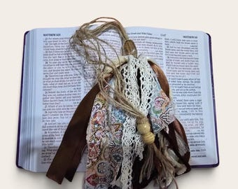Handmade Boho Tassel • Rustic Brown and Cream Fabric • Bible Bookmark • Christian Gift • Shabby Chic Ribbon • One‑of‑a‑Kind • Faith
