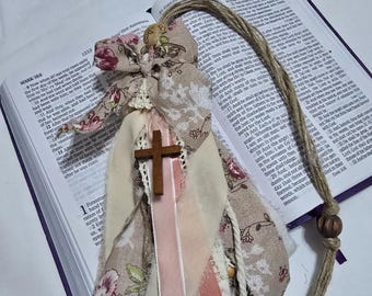 Handmade Bible Tassel • Pink Floral Cross Tassel • Christian Gift • Shabby Chic Bookmark • Faith Decor • One of a Kind Religious Accessory