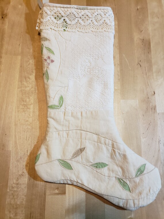 Re-purposed Quilt Ivory & Lace Christmas Stocking