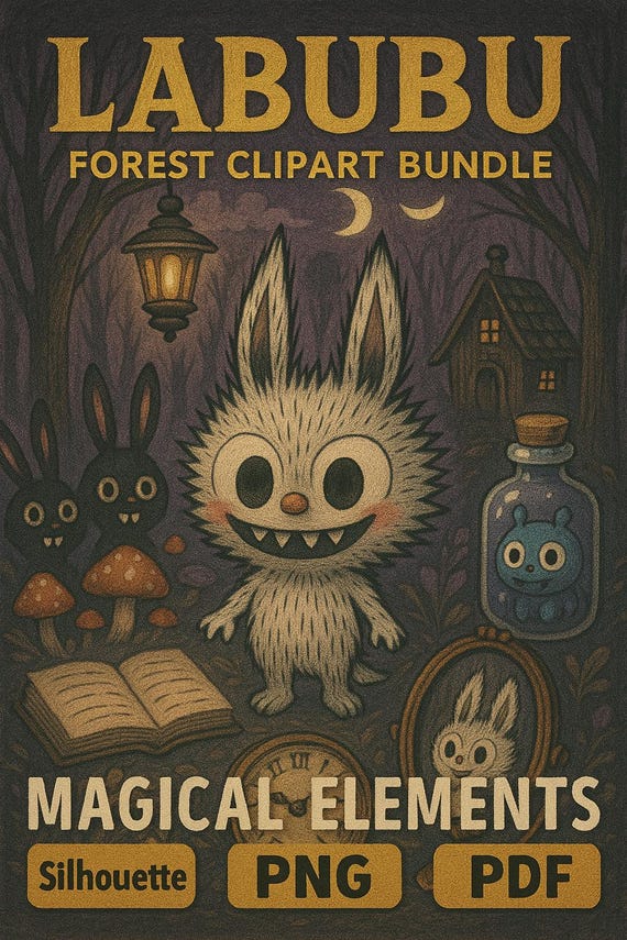 Labubu Forest Clipart Bundle | Magical Creatures PNG Set | Vintage Hand-Drawn Illustration | Kawaii Monsters | DigitalDownload