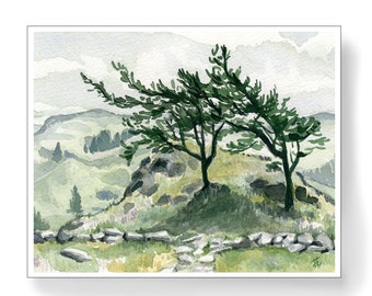 Spring in the countryside with wind blown trees Original watercolor by Hannah Howard