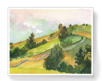 Rainbow Road in the Hillside at Sunset Original watercolor by Hannah Howard