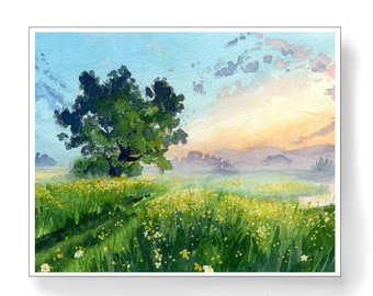 Summer scene of a tree in the mist at dawn Original watercolor by Hannah Howard