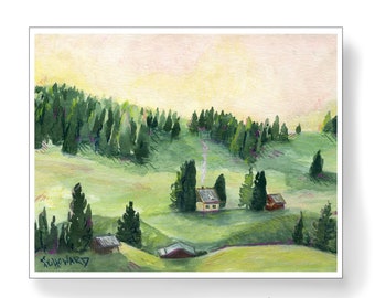 Sunset in the alpine hills with cottages by Hannah Howard