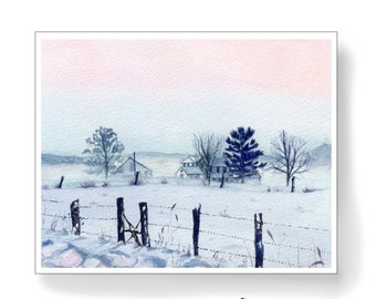 Winter scene of a Farm at Dawn Original watercolor by Hannah Howard