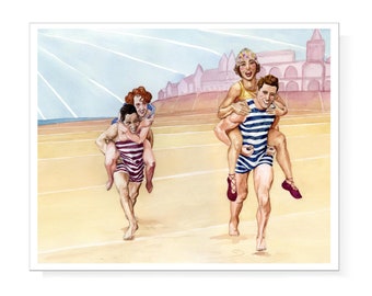 1930s style Beach Couples Racing on the Beach Prints of Original Watercolor Vintage swimsuits Summer love