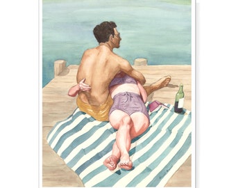 Lovers at the Lake on a dock in vintage style swimsuits reading and picnic with wine