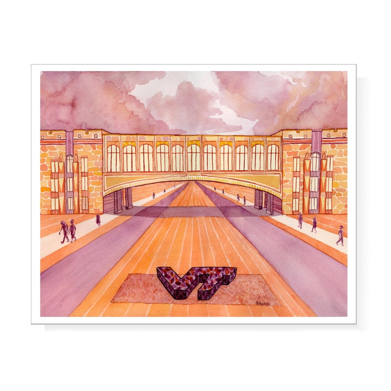 Torgerson Hall Library at Virginia Tech in Maroon and Orange: Print of original watercolor image 1