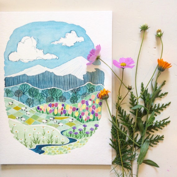 Spring Mountains Print With Sheep Tulips Daisies and Thistles - Etsy
