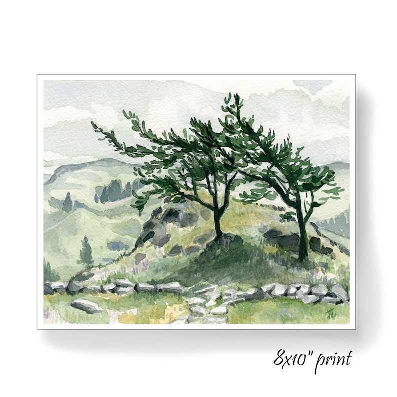 Spring in the countryside with wind blown trees Original watercolor by Hannah Howard image 1