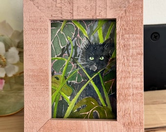 Original miniature watercolor painting of black cat in tropical plants