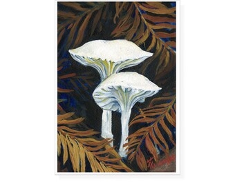 White moody mushrooms in the fall in navy white and yellow