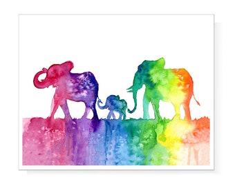 Print of Rainbow Color Elephant family with baby in Watercolor