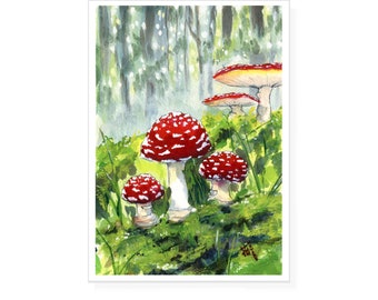 Toad stools Red mushrooms Amanita muscaria  fly agaric gouache painting print