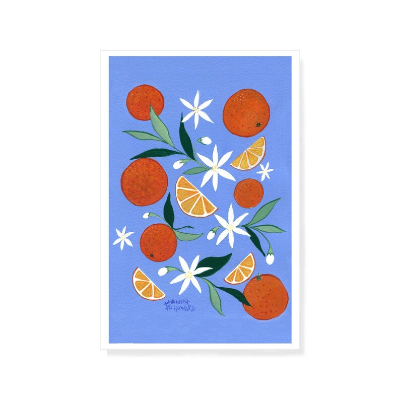 Orange slices, oranges and their blossoms in orange and blue image 3