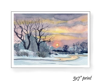 Winter scene of a stream in the snow at sunset Original watercolor by Hannah Howard