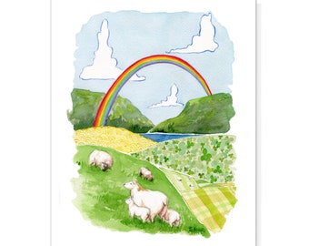An Irish Rainbow with sheep in March Fields