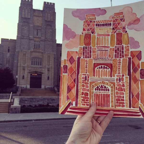 Burruss Hall at Virginia Tech Blacksburg Virginia Watercolor Painting