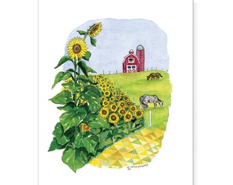 Sunflower field Farm by a Red Barn and Horses