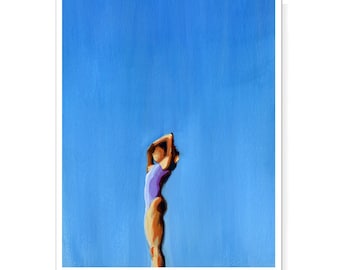 Watching- Swimmer looking into the distance in purple swimsuit with blue sky