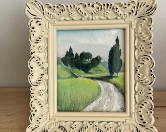 Original miniature watercolor painting of cypresses by a path in the hills