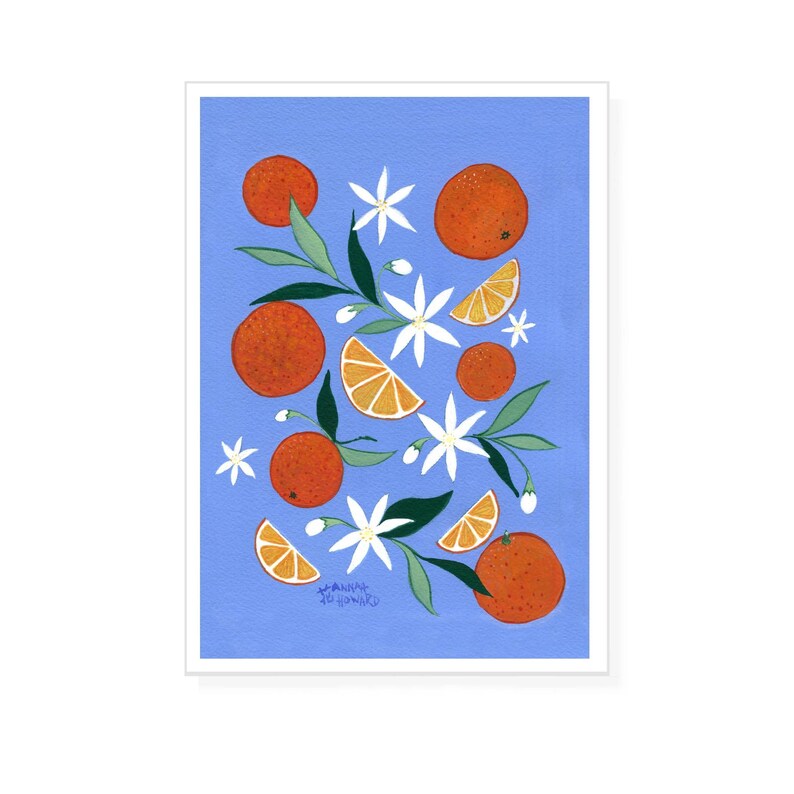 Orange slices, oranges and their blossoms in orange and blue image 2