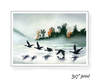 Geese taking flight over a foggy lake in Fall original watercolor by Hannah Howard