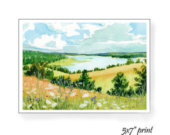 Summer wildflowers in the countryside by a lake Original watercolor by Hannah Howard
