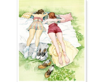 Sun bathing ladies in vintage clothing saddle shoes and clover