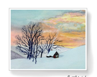 Winter scene of a Cabin on a Mountain at Dusk Original watercolor by Hannah Howard