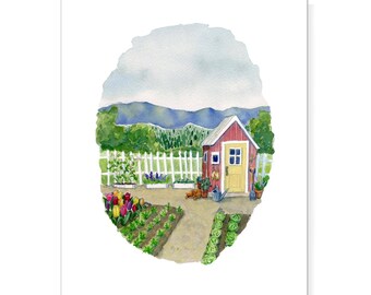 Garden shed and mountain garden with tulips and cabbages