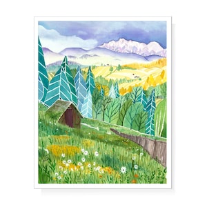 Mountains with cottage wildflowers and farmland forests