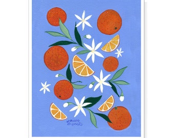 Orange slices, oranges and their blossoms in orange and blue