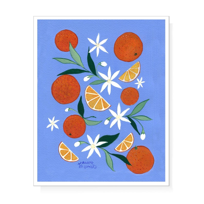 Orange slices, oranges and their blossoms in orange and blue image 1