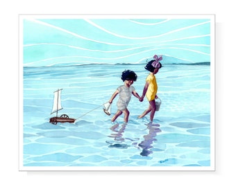 Vintage Style Children walking on the Beach at High Tide Print of Original Watercolor Painting