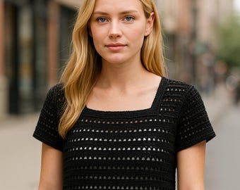 Top de crochê vintage com detalhes vazados: decote quadrado, tamanhos P-5XG (download em PDF, termos EUA e Reino Unido)