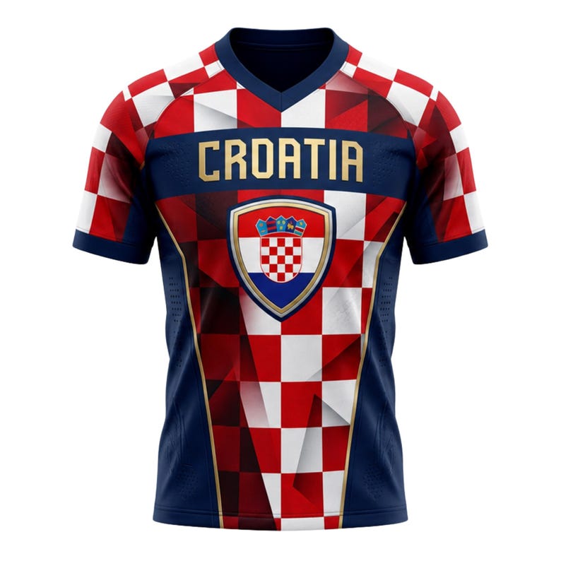 May include: A Croatia soccer jersey with a red, white, and blue geometric design. The word "CROATIA" is printed across the chest in gold lettering above the Croatian coat of arms.