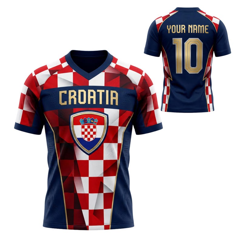 May include: A navy blue Croatia soccer jersey with red and white checkered patterns and the word "CROATIA" across the chest. The jersey features a shield with the Croatian coat of arms. The back of the jersey displays the number 10 and space for a name.